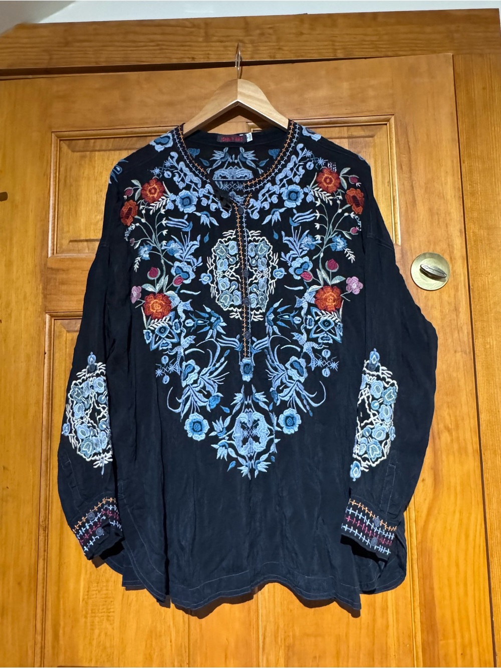 Johnny Was Black Button-Down Shirt with Blue and Orange Floral Embroidery